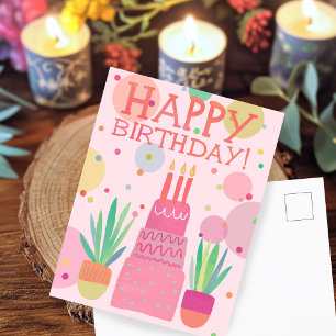 Schattigee Kleurrijke Happy Birthday Cake Roze Bol Briefkaart