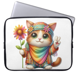SCHATTIGEE KLEURRIJKE HIPPIEKAT MET ZONNEBLOEM LAPTOP SLEEVE