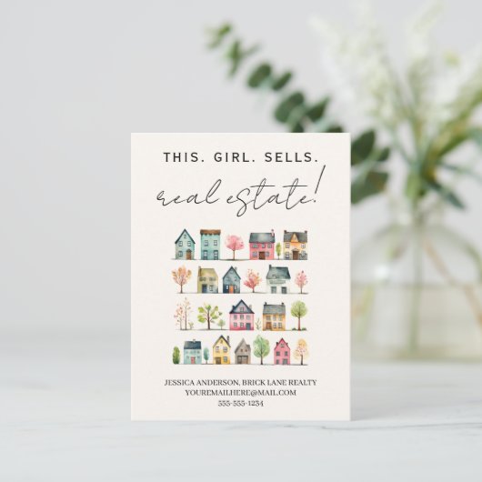 Schattigee kleurrijke huizen dit meisje verkoopt o briefkaart (Staand voorkant)