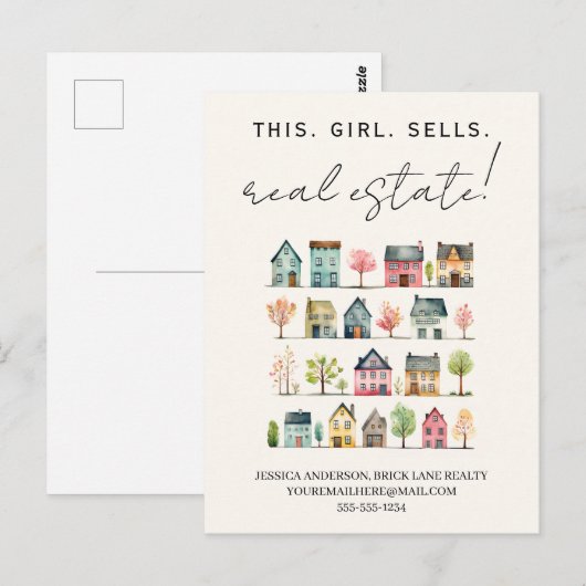 Schattigee kleurrijke huizen dit meisje verkoopt o briefkaart (Voorkant / Achterkant)