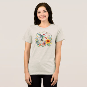 Schattigee Kleurrijke Hummingbird Floral Krans Tri-Blend Shirt