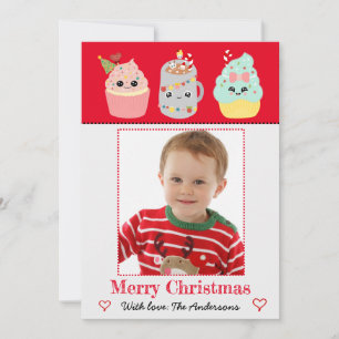 Schattigee Kleurrijke Kawaii Cupcakes Foto Kerst Feestdagenkaart
