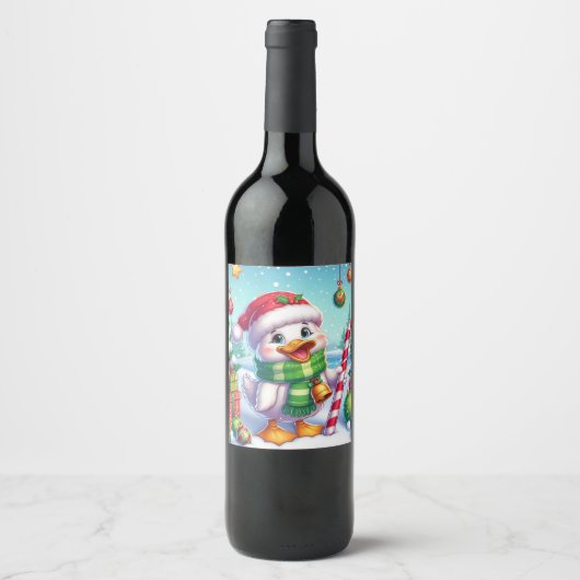 Schattigee Kleurrijke Kerst eend Wijn Etiket (Voorkant)