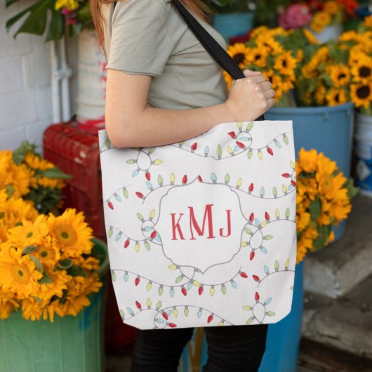 Schattigee kleurrijke kerst monogram lichten tote bag