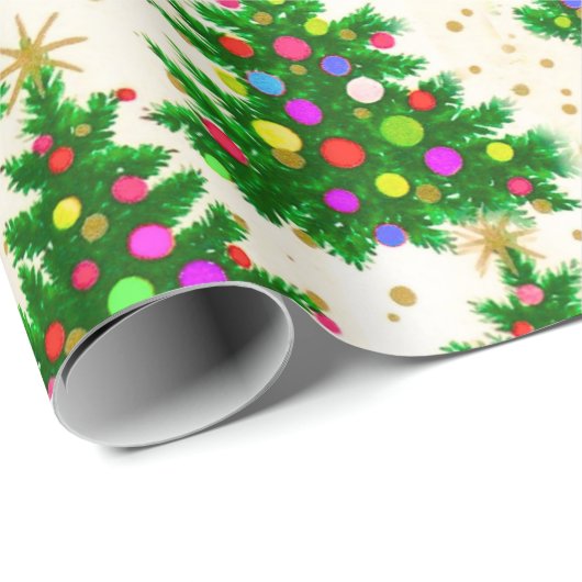 Schattigee kleurrijke kerstbomen beige cadeaupapier (Rol Hoek)