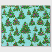 Schattigee kleurrijke kerstbomen blauw cadeaupapier (Vlak)