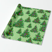 Schattigee kleurrijke kerstbomen groen cadeaupapier (Uitgerold)