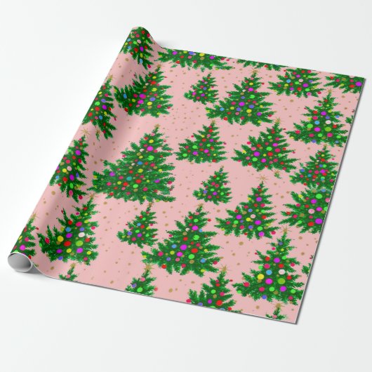 Schattigee kleurrijke kerstbomen roos roze cadeaupapier (Uitgerold)