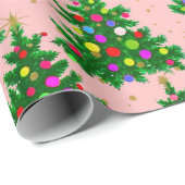 Schattigee kleurrijke kerstbomen roos roze cadeaupapier (Rol Hoek)