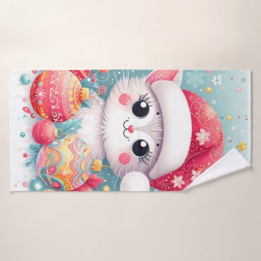 Schattigee, kleurrijke kerstkat badhanddoek (Badhanddoek)