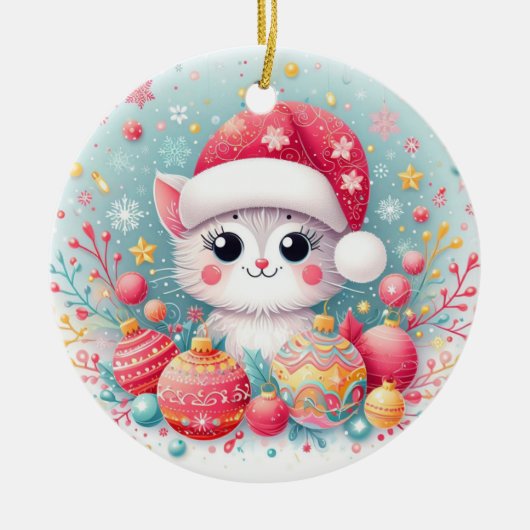 Schattigee, kleurrijke kerstkat keramisch ornament (Voorkant)