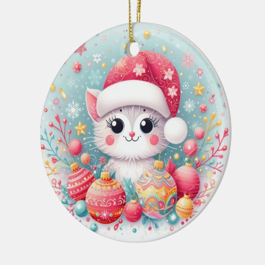 Schattigee, kleurrijke kerstkat keramisch ornament (Links)