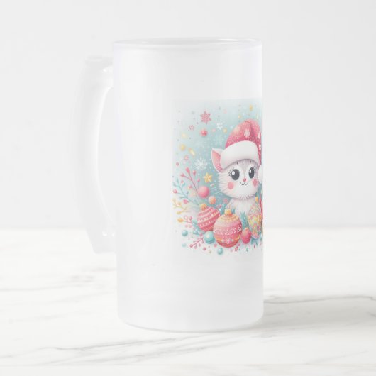 Schattigee, kleurrijke kerstkat matglas bierpul (Voorkant links)