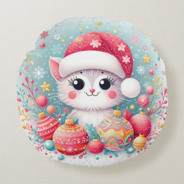 Schattigee, kleurrijke kerstkat rond kussen (Voorkant)