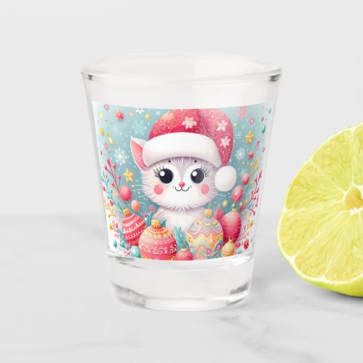 Schattigee, kleurrijke kerstkat shot glas (Voorkant)