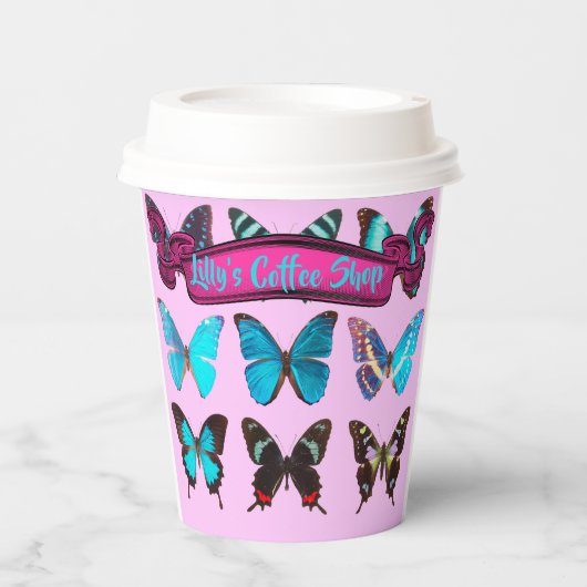 Schattigee Kleurrijke Koffie Vlinder Shop Papieren Papieren Bekers (Voorkant)
