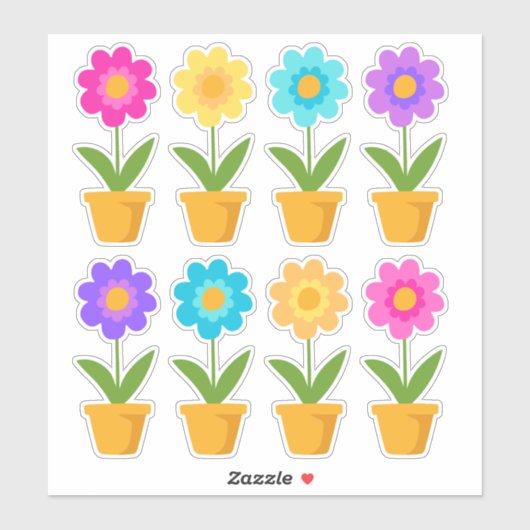 Schattigee kleurrijke lentebloemen in potten sticker (Vel)