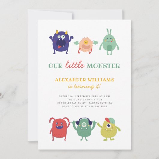 Schattigee kleurrijke Little Monster Kind's verjaa Kaart (Voorkant)