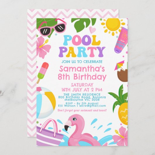 Schattigee Kleurrijke Meisjes Retro Pool Party Ver Kaart (Voorkant / Achterkant)