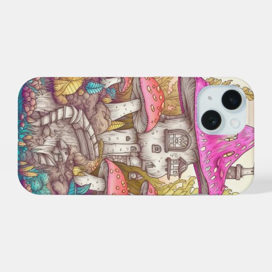 Schattigee Kleurrijke Mushroom House Art iPhone 15 Case (Achterkant horizontaal)