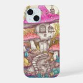 Schattigee Kleurrijke Mushroom House Art iPhone 15 Case (Achterkant)