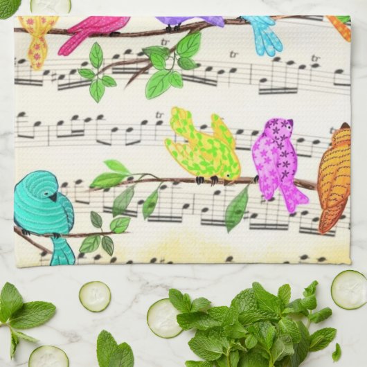 Schattigee Kleurrijke Muzikale Vogels Keukendoek Theedoek (Gevouwen)