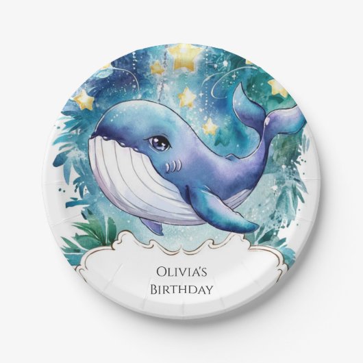 Schattigee kleurrijke nautische walvis verjaardag papieren bordje (Voorkant)