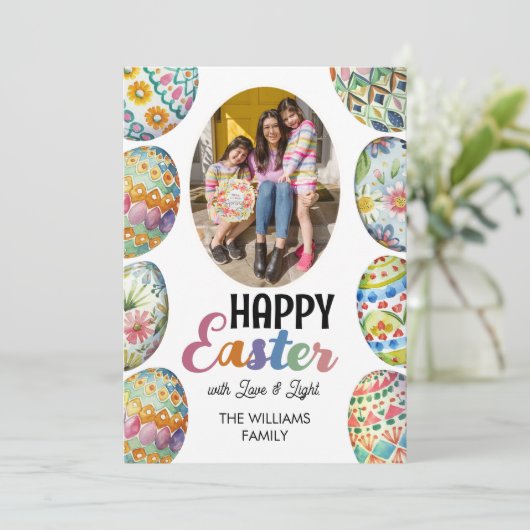 Schattigee Kleurrijke Paaseieren Foto Groeten Groe Feestdagenkaart (Staand voorkant)