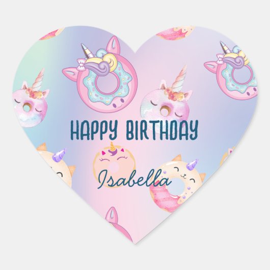 Schattigee kleurrijke pastel Eenhoorns Regenboog D Hart Sticker (Voorkant)