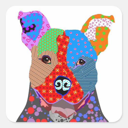 Schattigee kleurrijke Patchwork Pitbull Dog Vierkante Sticker (Voorkant)