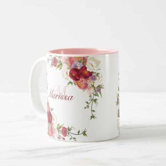 Schattigee Kleurrijke Pioenbloemen Girly Naam Mono Tweekleurige Koffiemok (Voorkant links)