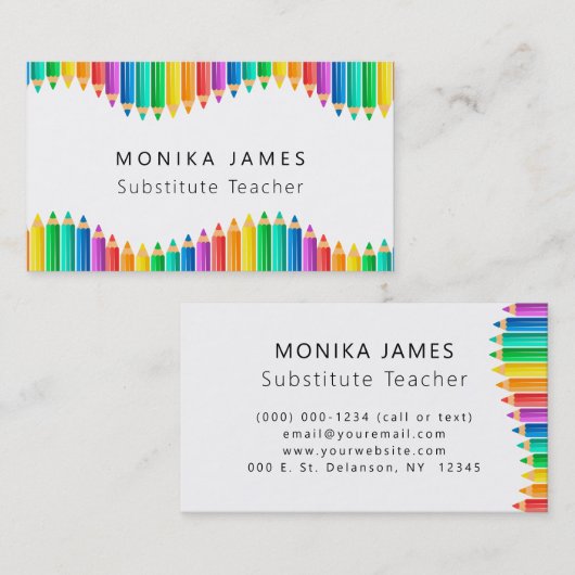 Schattigee kleurrijke potloden substituut docent visitekaartje (Voorkant / Achterkant)