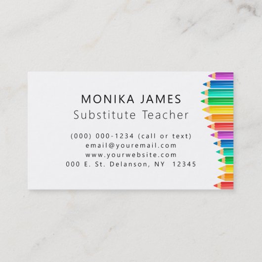 Schattigee kleurrijke potloden substituut docent visitekaartje (Achterkant)
