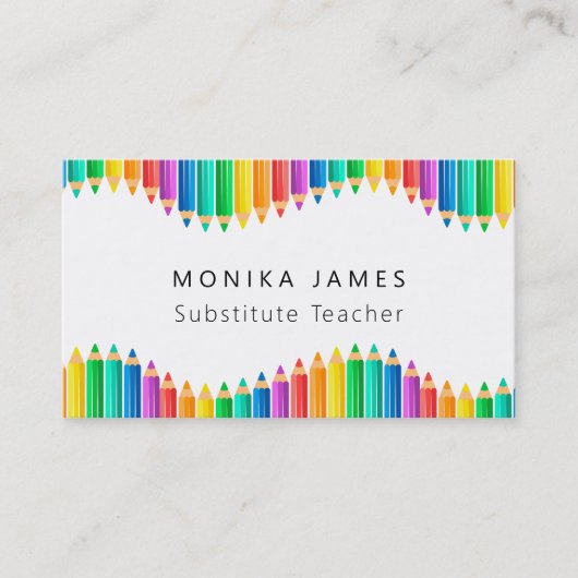 Schattigee kleurrijke potloden substituut docent visitekaartje (Voorkant)