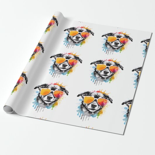 Schattigee kleurrijke Puppy met zonnebril splash Cadeaupapier (Uitgerold)