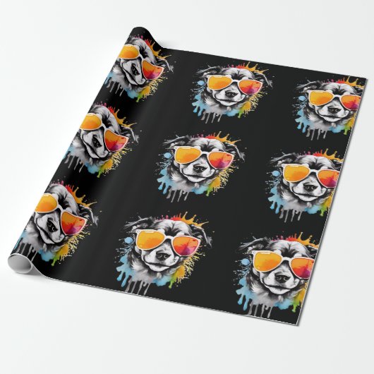 Schattigee kleurrijke Puppy met zonnebril splash Cadeaupapier (Uitgerold)