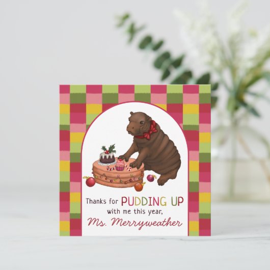 Schattigee Kleurrijke Pygmee Hippo Leraar Waarderi Feestdagenkaart (Staand voorkant)