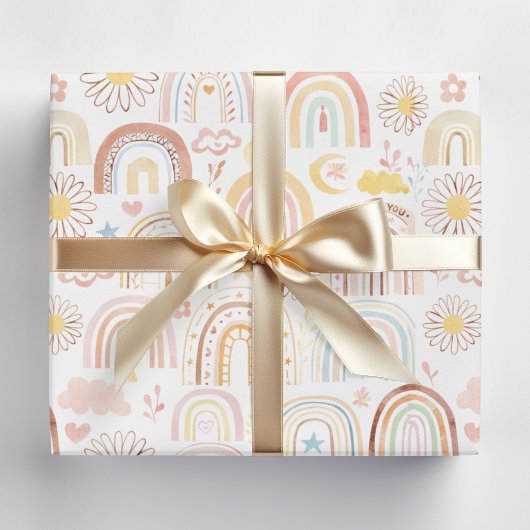 Schattigee Kleurrijke Regenbogen en Daisy Flowers  Cadeaupapier