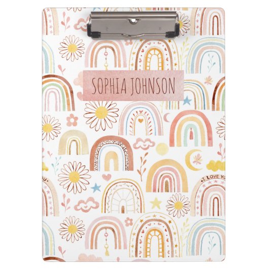 Schattigee Kleurrijke Regenbogen en Daisy Flowers  Klembord (Voorkant)