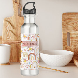 Schattigee Kleurrijke Regenbogen en Daisy Flowers Waterfles