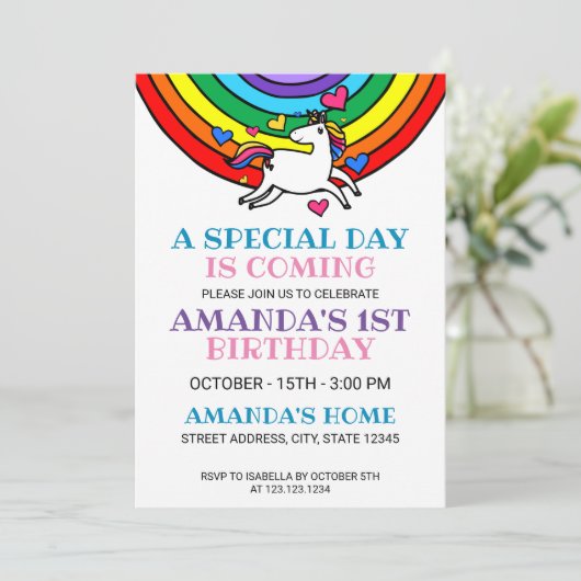Schattigee Kleurrijke Regenboog Eenhoorn 1e Verjaa Kaart (Staand voorkant)