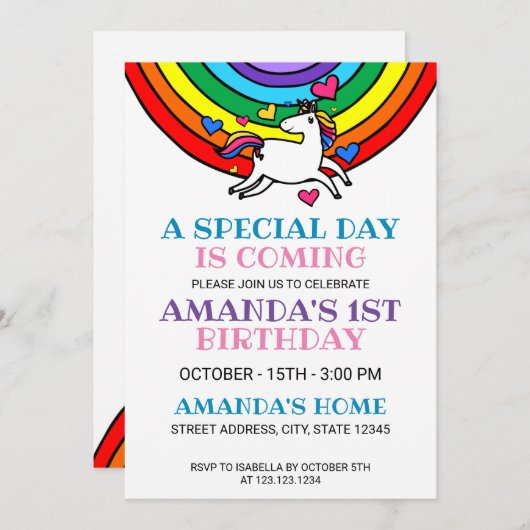 Schattigee Kleurrijke Regenboog Eenhoorn 1e Verjaa Kaart (Voorkant / Achterkant)