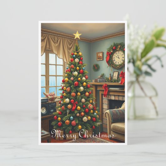 Schattigee kleurrijke  rustieke vrolijke kerstboom feestdagenkaart (Staand voorkant)