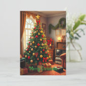 Schattigee kleurrijke  rustieke vrolijke kerstboom feestdagenkaart (Staand voorkant)