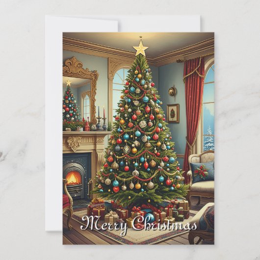 Schattigee kleurrijke  rustieke vrolijke kerstboom feestdagenkaart (Voorkant)