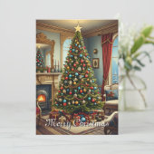 Schattigee kleurrijke  rustieke vrolijke kerstboom feestdagenkaart (Staand voorkant)