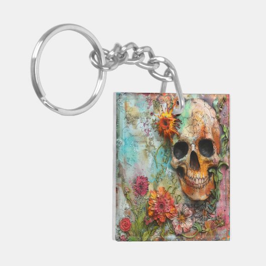 Schattigee kleurrijke schedel en bloemen sleutelhanger (Voorkant Links)