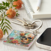 Schattigee kleurrijke schedel en bloemen sleutelhanger (Voorkant Rechts)