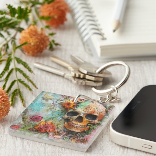 Schattigee kleurrijke schedel en bloemen sleutelhanger (Voorkant Rechts)