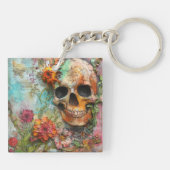 Schattigee kleurrijke schedel en bloemen sleutelhanger (Achterkant)